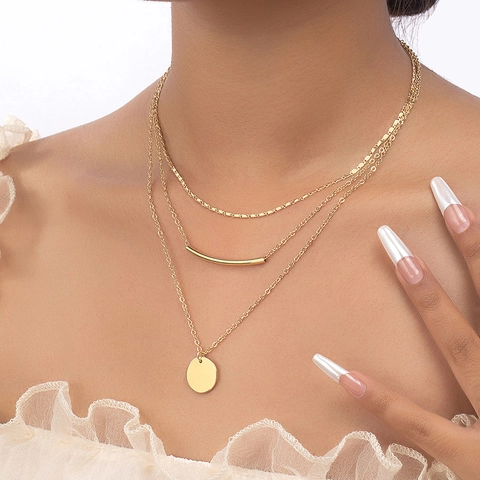Collier Multi Rangs Doré Fer Géométrique Pendentif Pièce Ronde Tube Minimaliste Bijoux Pour Femmes