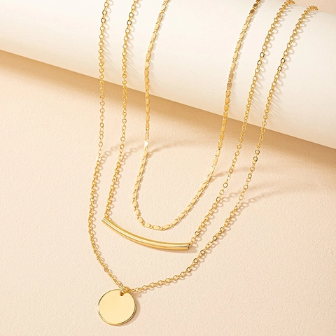 Collier Multi Rangs Doré Fer Géométrique Pendentif Pièce Ronde Tube Minimaliste Bijoux Pour Femmes