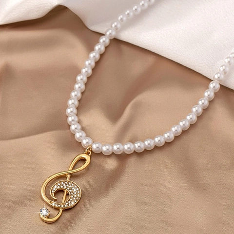 Treble Clef Music Note Pendant Necklace With White Freshwater Pearls Alloy Rhinestone Elegant Fashion Jewelry Gift For Women