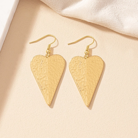 Hammered Heart Drop Earrings Elongated Gold Alloy Fish Hook Dangle For Women Vintage Fashion Jewelry