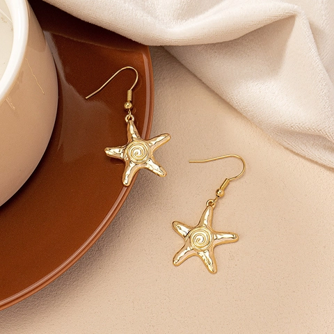 Starfish Dangle Earrings Gold Alloy Hammered Textured Spiral Bohemian Beach Vacation Jewelry For Women