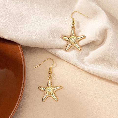 Starfish Dangle Earrings Gold Alloy Hammered Textured Spiral Bohemian Beach Vacation Jewelry For Women