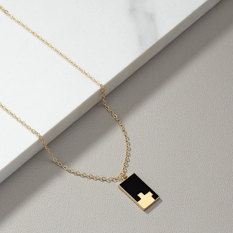 Collana In Lega Retrò Francese Ciondolo Rettangolare Smalto Nero Scacchi Gioielli Geometrici Minimalisti Donna Uomo