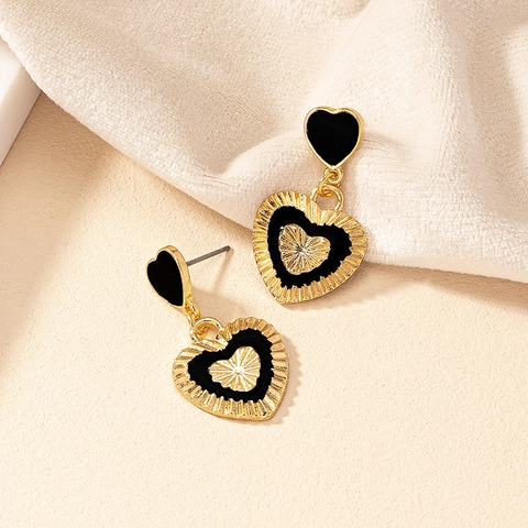 French Retro Heart Drop Earrings Alloy Enamel Textured Vintage Style Elegant Dangle Ear Jewelry For Women