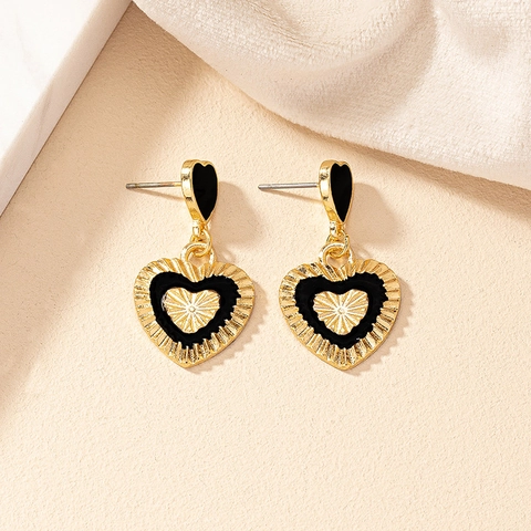French Retro Heart Drop Earrings Alloy Enamel Textured Vintage Style Elegant Dangle Ear Jewelry For Women