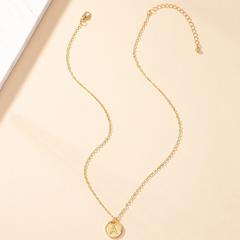 Letter A Round Coin Pendant Necklace Alloy Gold Plated Minimalist Vintage Style Clavicle Chain Jewelry For Women