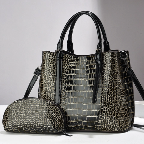 Crocodile Pattern PU Leather Tote And Pouch Elegant High Gloss Women Shoulder Crossbody Handbag
