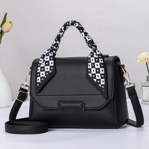 Women Lychee Grain PU Leather Handbag With Satin Scarf Handle Wrapped Vintage Square Shoulder Crossbody Bag