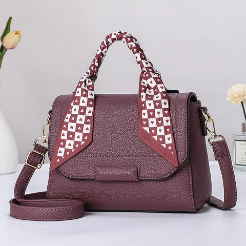 Women Lychee Grain PU Leather Handbag With Satin Scarf Handle Wrapped Vintage Square Shoulder Crossbody Bag