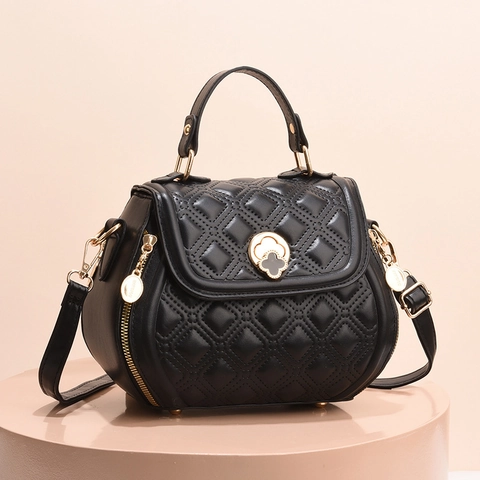 Women Shoulder Bag PU Leather Quilted Pattern Clover Metal Lock Top Handle Adjustable Strap Elegant Crossbody Handbag