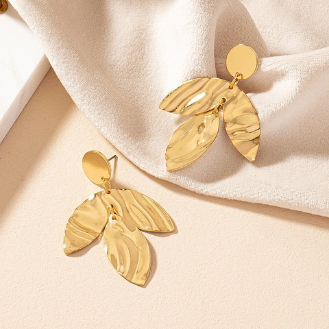 Hammered Leaf Drop Earrings Irregular Texture Three Layer Geometric Alloy Metal Dangle Jewelry For Women