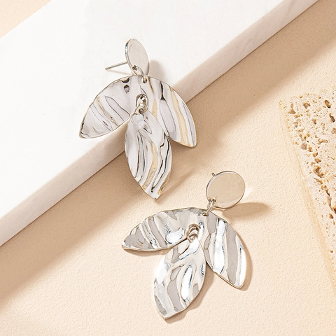 Hammered Leaf Drop Earrings Irregular Texture Three Layer Geometric Alloy Metal Dangle Jewelry For Women
