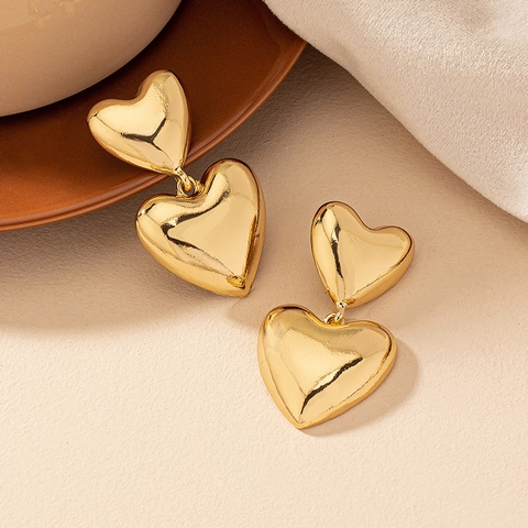Double Tiered Heart Drop Earrings Zinc Alloy Gold Plated High Polished Bohemian Fashion Dangle For Women