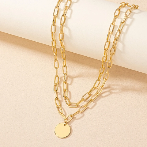 Layered Necklace Alloy Paperclip Chain Multi Strand Round Disc Pendant Hip Hop Streetwear Minimalist Jewelry Men Women
