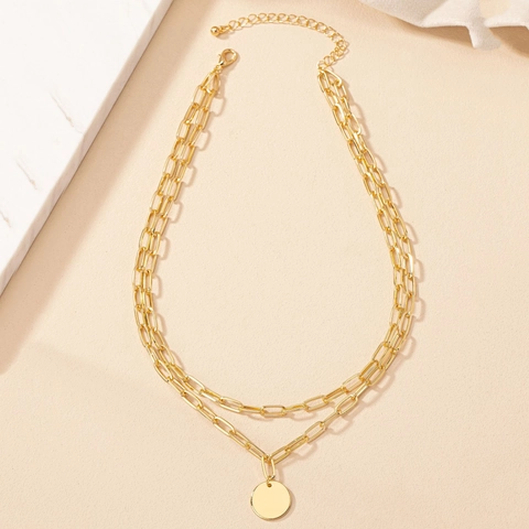 Layered Necklace Alloy Paperclip Chain Multi Strand Round Disc Pendant Hip Hop Streetwear Minimalist Jewelry Men Women