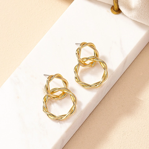 Pendientes De Botón Con Aro Trenzado Aleación Doble Círculo Entrelazado Geométrico Retro Joyas De Moda Para Mujeres