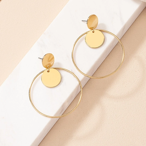 Alloy Geometric Big Circle Disc Drop Earrings Gold Tone Retro Vintage Minimalist Jewelry For Women