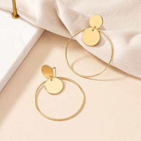Alloy Geometric Big Circle Disc Drop Earrings Gold Tone Retro Vintage Minimalist Jewelry For Women