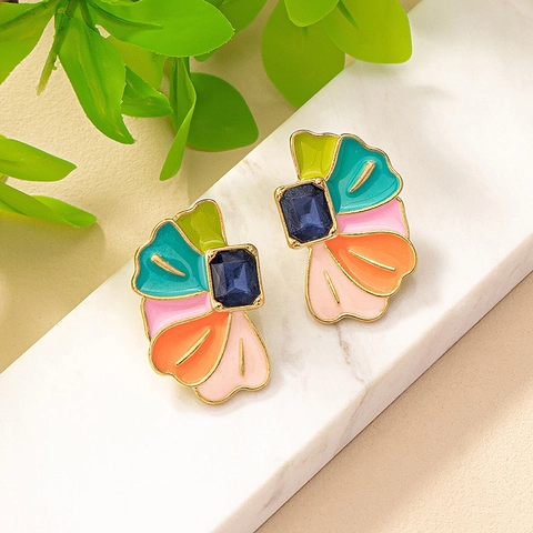 Colorful Enamel Flower Petal Stud Earrings Alloy Synthetic Blue Gemstone Retro Bohemian Jewelry For Women