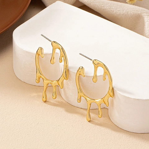 Molten Liquid Lava Drip Stud Earrings Zinc Alloy Irregular Geometric Water Drop Gold Plated C Shape Jewelry For Women