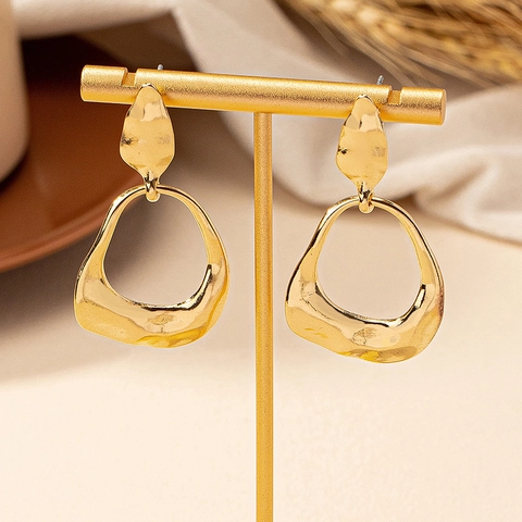 Irregular Geometric Hammered Drop Earrings Gold Alloy Molten Lava Design Retro Minimalist Style Jewelry For Women