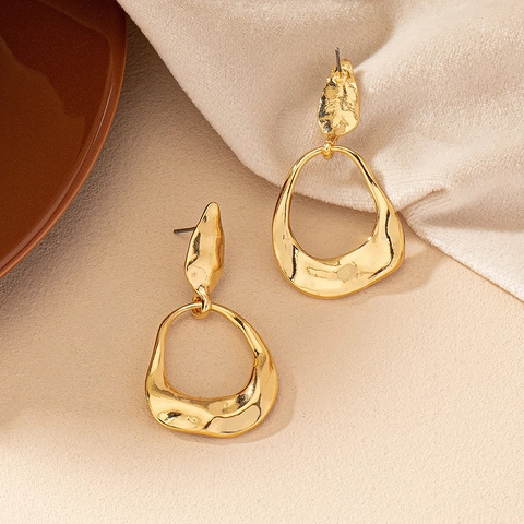 Irregular Geometric Hammered Drop Earrings Gold Alloy Molten Lava Design Retro Minimalist Style Jewelry For Women