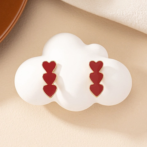 Stacked Heart Stud Earrings Alloy Enamel Vertical Design Sweet Retro Fashion Elegant Jewelry Gift For Women
