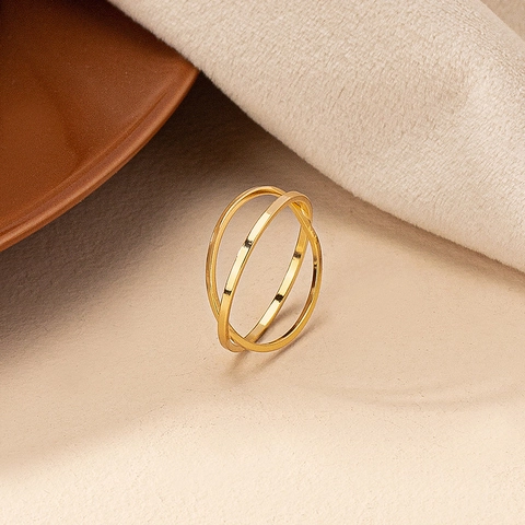 Bague Double Couche Croisée Géométrique Minimaliste Bijoux En Métal Poli Couleur Or Pour Femmes Accessoire Élégant