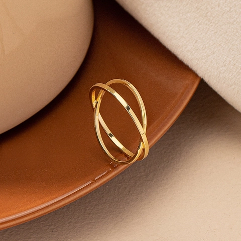 Bague Double Couche Croisée Géométrique Minimaliste Bijoux En Métal Poli Couleur Or Pour Femmes Accessoire Élégant