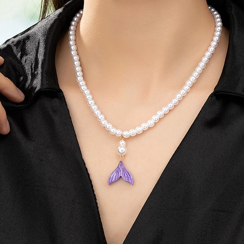 Mermaid Tail Pendant Artificial Pearl Necklace Alloy Imitation Artificial Pearl Elegant Vintage Fairy Style Jewelry For Women