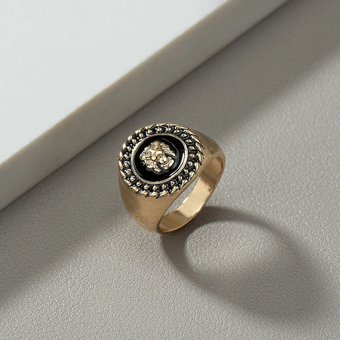 Lion Head Signet Ring Retro Black Enamel Zinc Alloy Punk Hip Hop Style Round Finger Jewelry For Men And Women