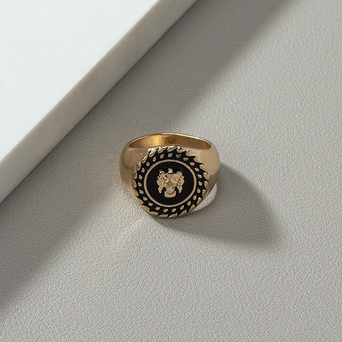 Lion Head Signet Ring Retro Black Enamel Zinc Alloy Punk Hip Hop Style Round Finger Jewelry For Men And Women