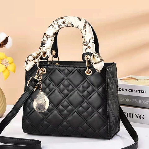 Quilted PU Leather Handbag With Satin Scarf Wrap Handle Chic Square Shoulder Crossbody Bag For Women