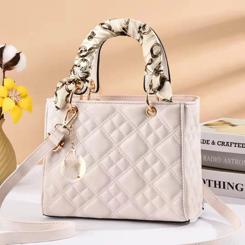 Quilted PU Leather Handbag With Satin Scarf Wrap Handle Chic Square Shoulder Crossbody Bag For Women
