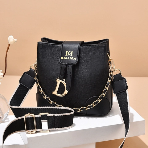 Borsa A Secchiello Da Donna Pelle PU Motivo Lychee Stampa Monogramma Catena Dorata Tracolla Larga Borsa A Mano Versatile
