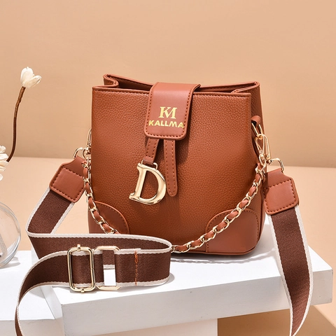 Borsa A Secchiello Da Donna Pelle PU Motivo Lychee Stampa Monogramma Catena Dorata Tracolla Larga Borsa A Mano Versatile