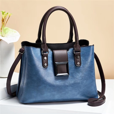 Women Handbag PU Leather Large Capacity Crossbody Shoulder Bag Retro Simple Urban Style Contrast Handle Metal Buckle