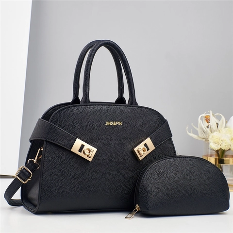 Women Litchi Grain PU Leather Handbag And Matching Pouch Set Large Capacity Shell Shoulder Bag Commuting Tote Crossbody Bag