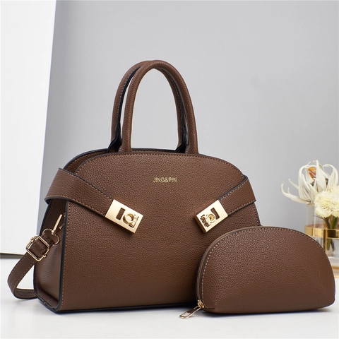 Women Litchi Grain PU Leather Handbag And Matching Pouch Set Large Capacity Shell Shoulder Bag Commuting Tote Crossbody Bag