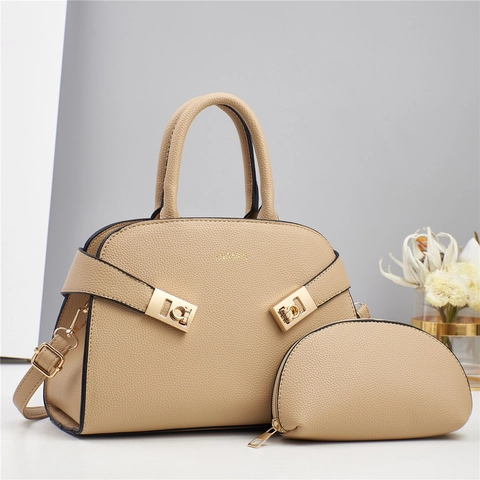 Elegant Women Handbag And Pouch Lychee Pattern PU Leather Top Handle Crossbody Purse Gold Hardware Retro Office