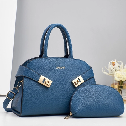 Elegant Women Handbag And Pouch Lychee Pattern PU Leather Top Handle Crossbody Purse Gold Hardware Retro Office