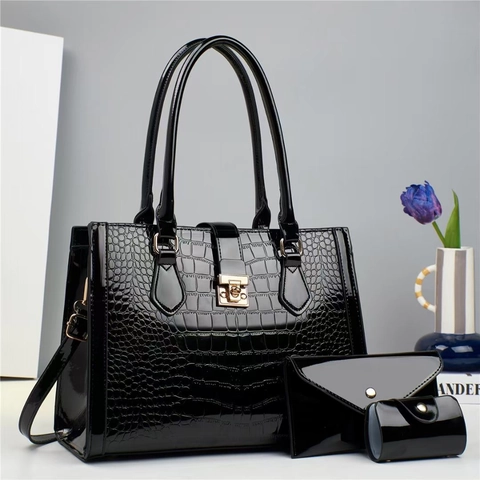 Bolso De Mano Para Mujer Grabado Cocodrilo Tote Cartera De Sobre Y Monedero Redondo Cuero PU Brillante Bolso De Hombro