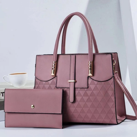 Damen PU Leder Handtasche Und Passende Lange Brieftasche Geometrische Dreiecksprägung Gold Hardware Verschluss Top Handle Umhängetasche