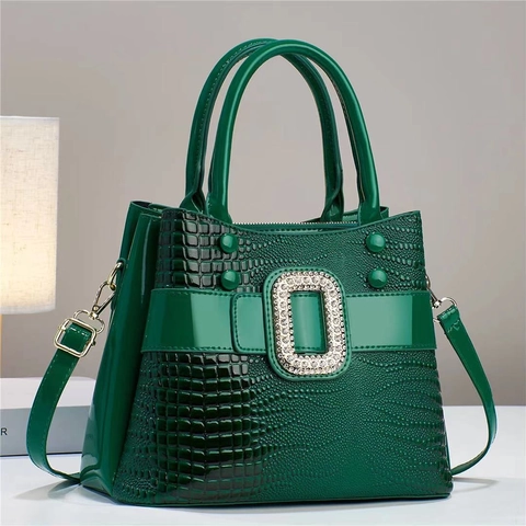 Borsa Da Donna Motivo Coccodrillo Pelle PU Fibbia Strass Grande Capacità Manico Borsa A Tracolla Elegante