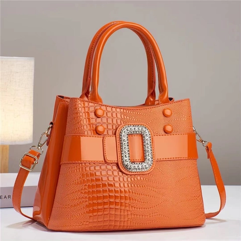 Borsa Da Donna Motivo Coccodrillo Pelle PU Fibbia Strass Grande Capacità Manico Borsa A Tracolla Elegante