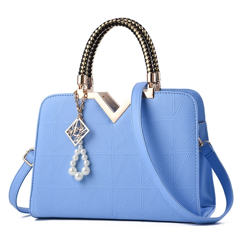 Women Handbag PU Leather Geometric Embossed V-Shaped Metal Artificial Pearl Pendant Woven Handle Shoulder Crossbody Bag