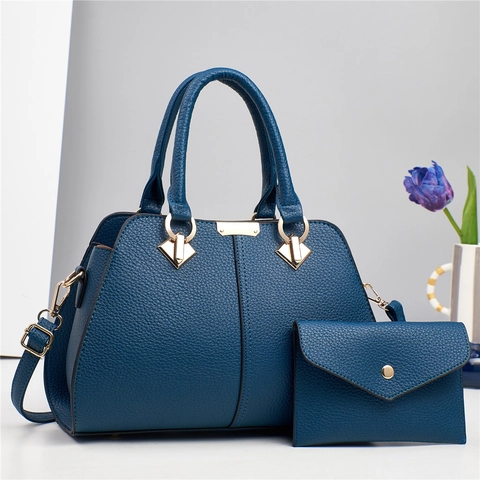 Women Boston Handbag And Wallet PU Leather Litchi Pattern Shoulder Crossbody Bag Large Capacity Simple Elegant