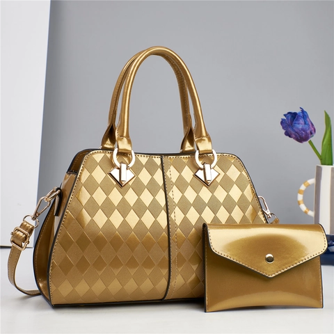 Shiny Patent PU Leather Handbag And Pouch Diamond Quilted Elegant Top Handle Crossbody Shoulder Bag Large Capacity Women