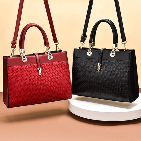 Elegant Women PU Leather Crossbody Bag Embossed Lattice Large Capacity Top Handle Shoulder Bag Gold Hardware Fashion