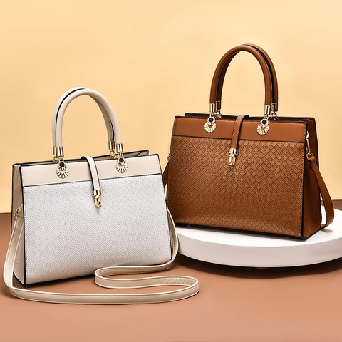Elegant Women PU Leather Crossbody Bag Embossed Lattice Large Capacity Top Handle Shoulder Bag Gold Hardware Fashion